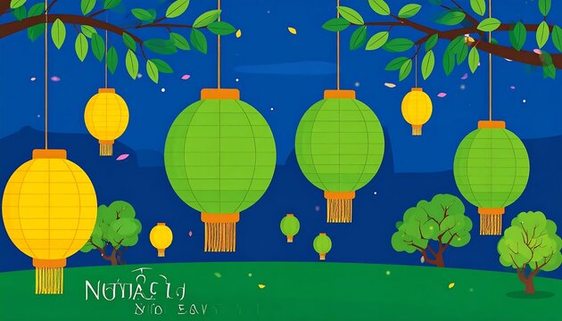 Colorful Chinese lanterns hanging from trees in a night park scene.