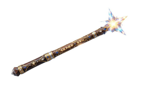 Ornate magical staff with glowing star crystal and ancient runes, fantasy weapon design PNG Isolated on transparent background