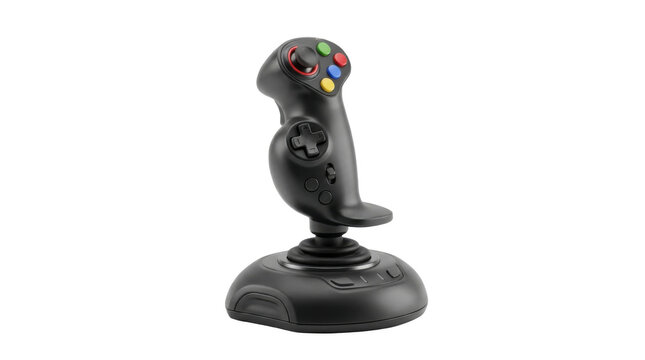 Modern black gaming joystick with colorful buttons and directional pad for immersive virtual reality and flight simulation experiences PNG Isolated on transparent background