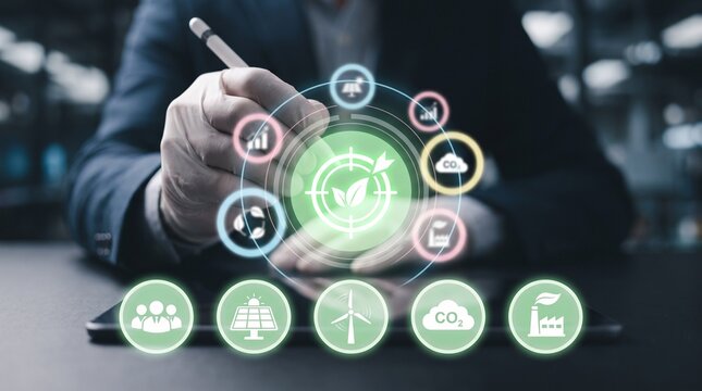 Business executive using digital tablet with esg environmental social and governance icons for sustainable business strategy