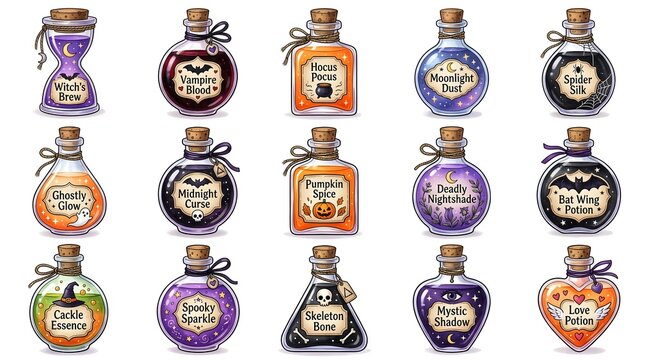 Set of 15 magical halloween potion bottles with various colorful liquids and labels isolated on white background
