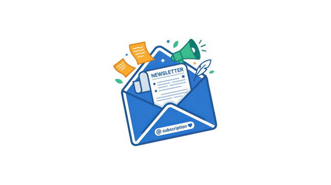 Blue open envelope with newsletter document, megaphone, and flying papers, promoting subscription PNG Isolated on transparent background