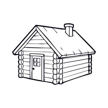 Wooden Log Cabin Line Art - Mountain Cottage Icon for Forest Resort Websites and Country Accommodation Portals