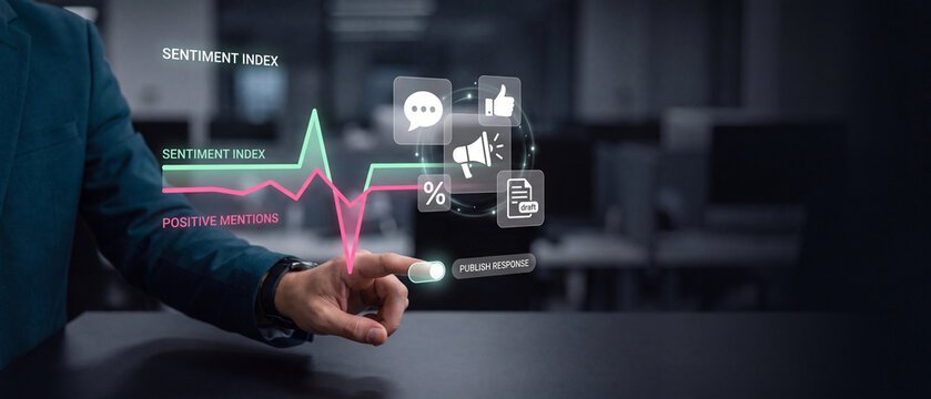 Businessman touching a digital interface with sentiment analysis and social media marketing icons