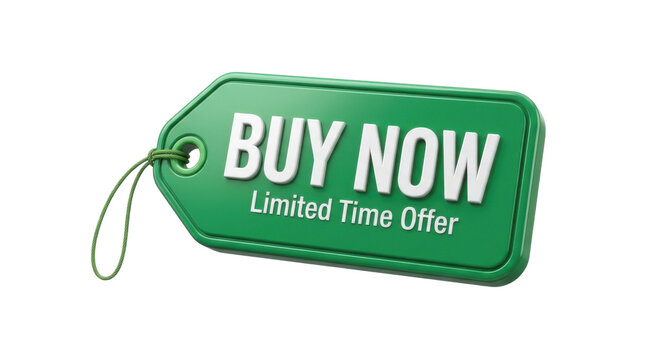 Green Buy Now Limited Time Offer Tag with String Attachment PNG Isolated on transparent background