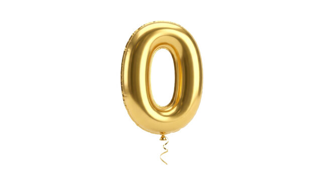 Shiny Golden Balloon Shaped Number Zero With Curled Ribbon Attached PNG Isolated on transparent background