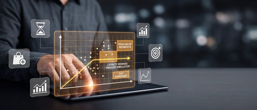 Businessman analyzing customer loyalty and lifetime value data on a digital tablet with futuristic business analytics interface