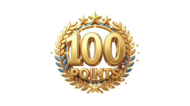 Golden 100 Points Award Emblem with Laurel Wreath and Stars PNG Isolated on transparent background
