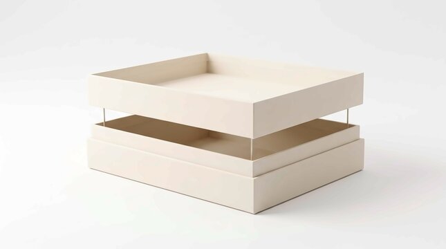 Empty beige product display box with a floating lid isolated against a clean white studio background