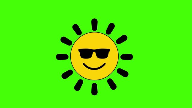 Cool sun icon with sunglasses animation, vector illustration of a happy summer sun character isolated on a green background
