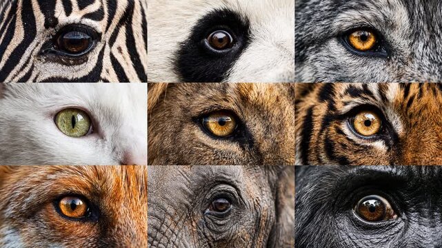 Nine animals opening eyes in split screen - Wildlife biodiversity concept