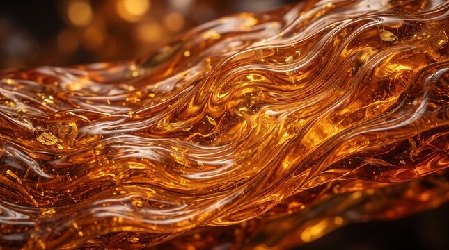 Abstract amber resin with swirling golden waves and inclusions
