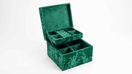 Fototapeta premium Elegant green velvet jewelry box featuring multiple compartments and a lift out tray for organized storage