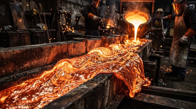 Molten bronze flowing in waves through a foundry channel