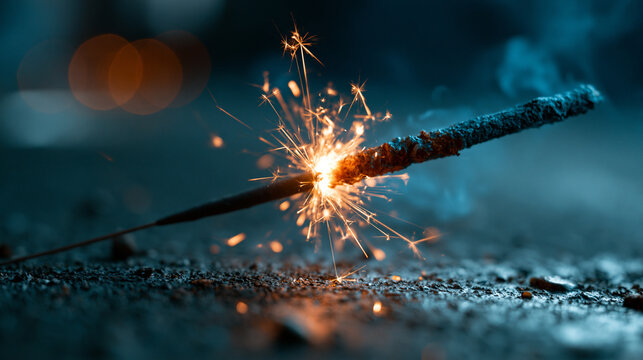 Sparkling firework sparkler stick burning brightly against dark background