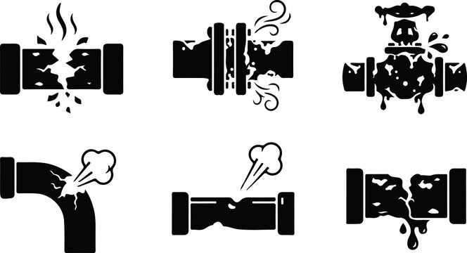 Broken pipe leak vector silhouette icon set plumbing damage issue