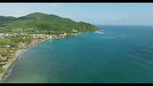 Capurgan&aacute; town in colombia aerial drone view of village and caribean sea in choco region