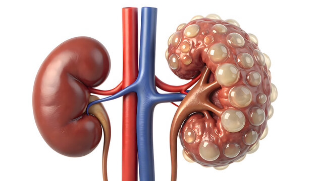 Chronic kidney disease concept featuring an anatomical comparison between a healthy human kidney and a polycystic kidney with cysts in a medical illustration diagram of the urinary system.