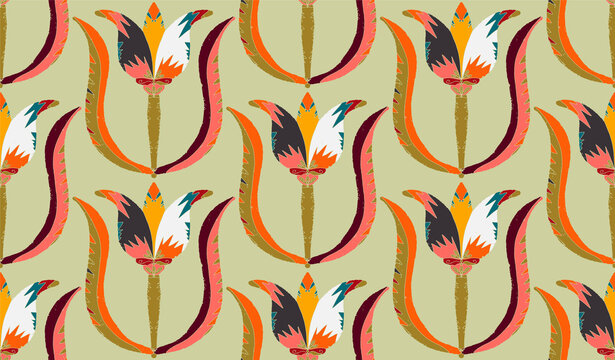 Seamless floral pattern with stylized decorative flowers and leaves in folk art style. Vintage ornamental print inspired by traditional motifs. Scandinavian style, ethnic motifs