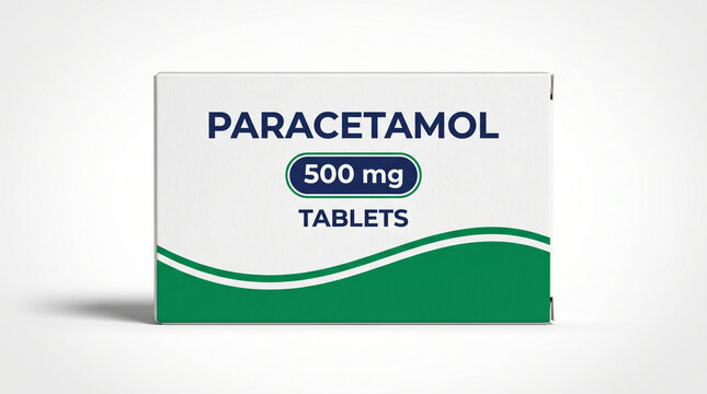 White pharmaceutical cardboard box for paracetamol tablets on white background