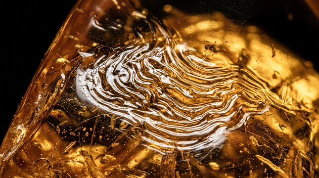 Macro view of amber resin with swirling patterns and inclusions