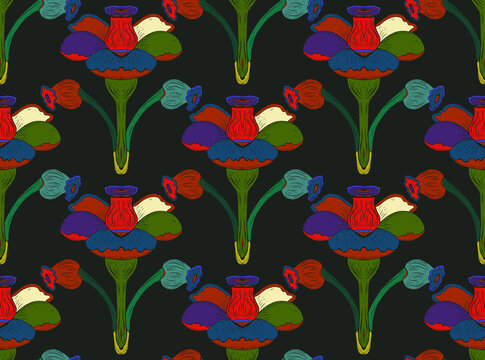 Seamless floral pattern with stylized decorative flowers and leaves in folk art style. Vintage ornamental print inspired by traditional motifs. Perfect for textiles, wallpapers, and stationery.