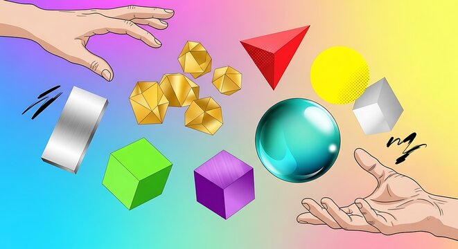 Abstract composition of hands reaching for geometric forms and shapes
