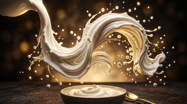 Creamy white liquid swirling dynamically with droplets in a dramatic splash