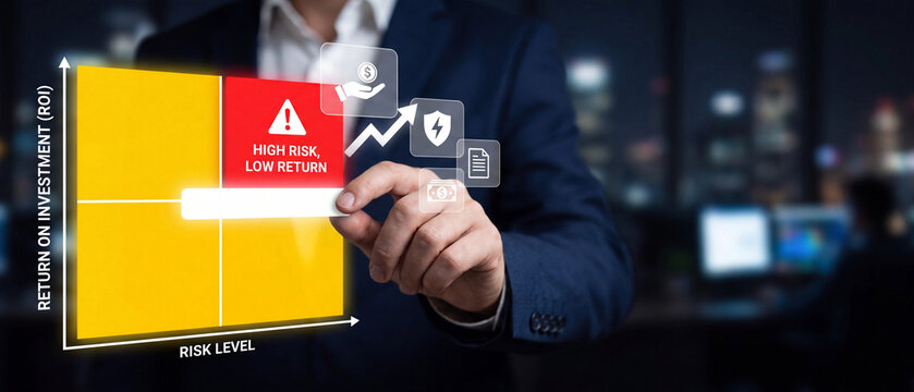 Businessman touching a digital screen showing a risk versus return investment matrix with high risk low return highlighted