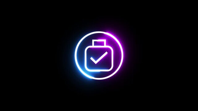 Neon briefcase icon with checkmark glowing in blue and purple colors on black background