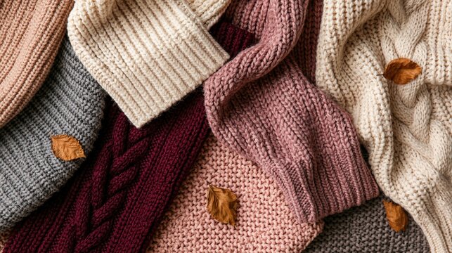Knitted sweaters in warm autumn colors with cozy wool textiles and fall leaves