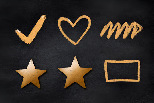 Chalkboard with various chalk drawings including a check mark, heart, wavy line, two stars, and a rectangular box on a dark background