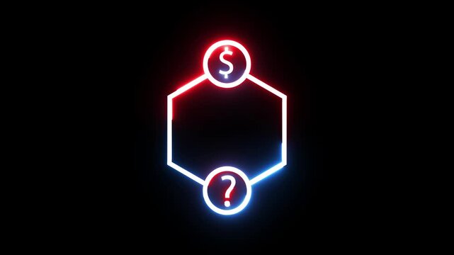 Neon glowing infographic showing dollar sign connected to question mark with hexagon shape