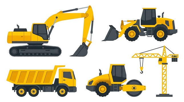 Heavy machinery vector illustration featuring excavators dump trucks and cranes