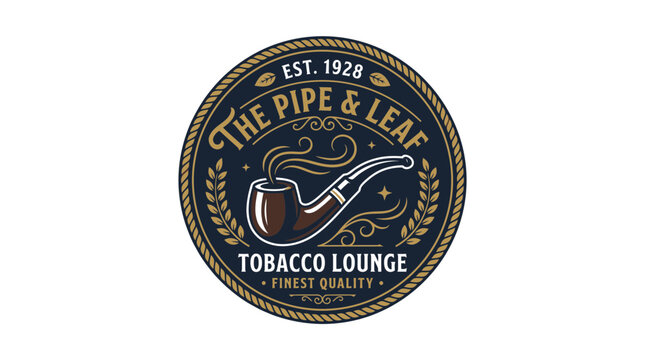Vintage tobacco lounge emblem featuring smoking pipe, decorative wreath, and classic circular badge design
