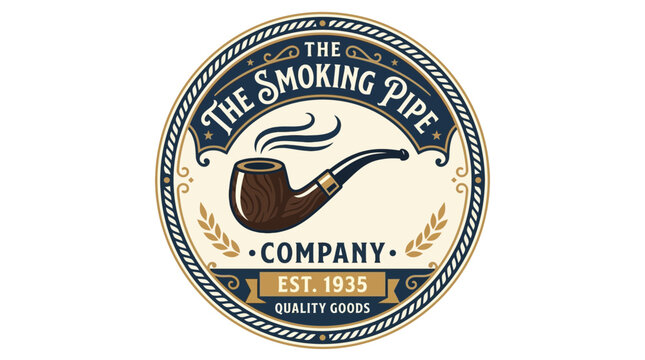 Vintage round logo with a smoking pipe illustration for a tobacco shop or quality goods brand