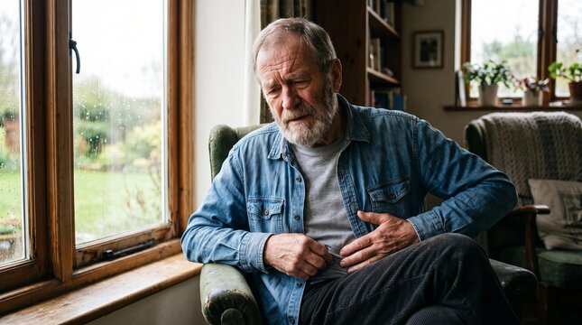 Senior man sitting in armchair and holding his painful stomach