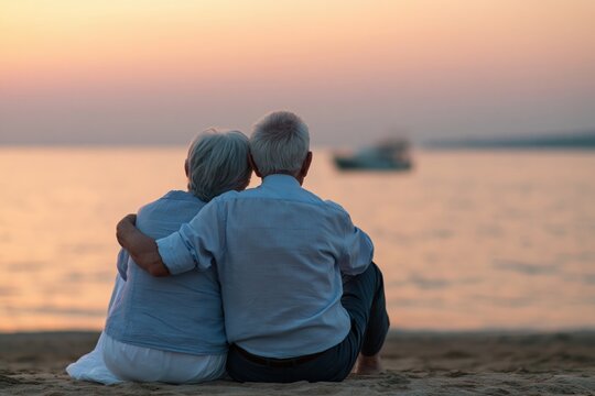 Senior couple and elderly pair in love watching a romantic sunset at the sea beach