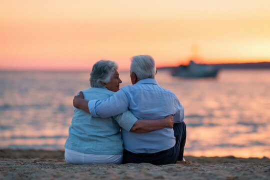 Senior couple and elderly partners showing love and affection at a sunset beach