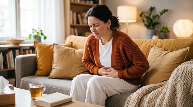 Concerned woman holding her stomach while sitting in living room