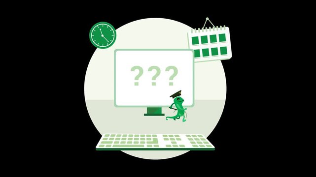 Animated 3D question mark icon popping out of computer screen with calendar and clock