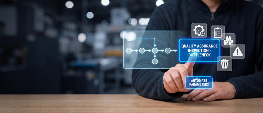 Industrial engineer using digital interface to identify and automate quality assurance inspection bottleneck in manufacturing