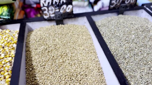 Dry Food Items Including Rice, Maize and Grains Displayed in Grocery Shop Showcasing Fresh Staples for Daily Household Consumption