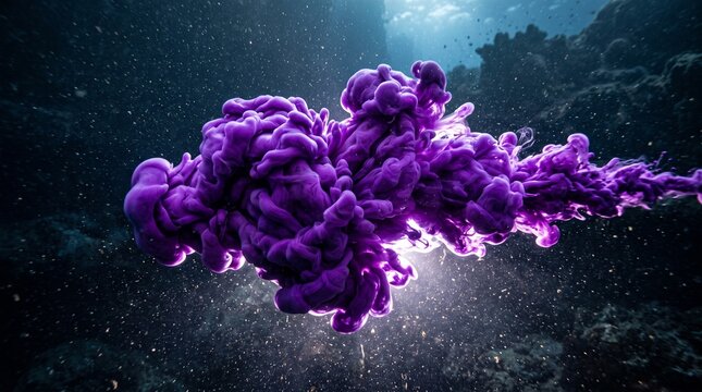 Vibrant purple ink cloud explodes underwater creating abstract ethereal shapes