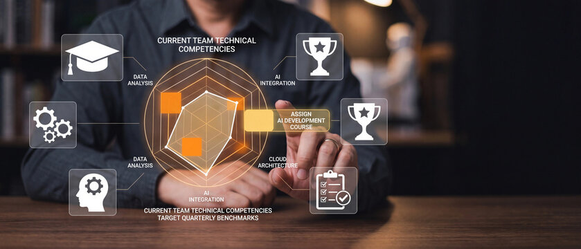 Professional analyzing team technical competencies and ai development training needs on a digital interface