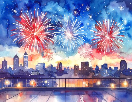 Colorful watercolor fireworks over a city skyline at night.