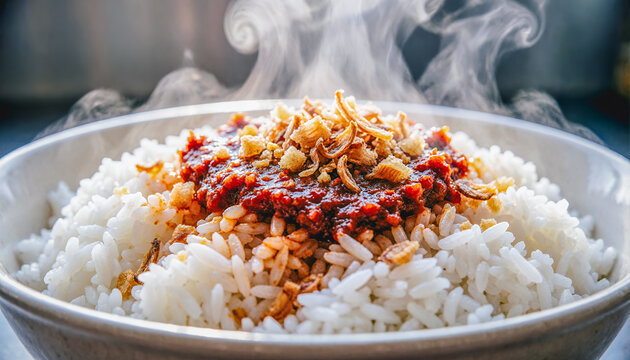 Steaming hot bowl of white rice topped with shredded beef rendang, comfort food closeup with rising steam, Indonesian cuisine.