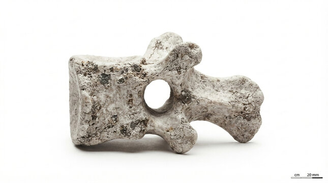 Weathered animal vertebra bone with neural canal hole, isolated on white background