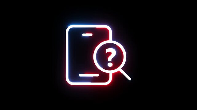 Smartphone search with question mark glowing neon line icon animation on black background