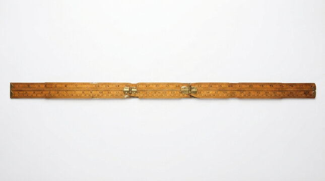 Vintage wooden folding ruler with brass hinges, antique carpenter's measuring tool, isolated on white background